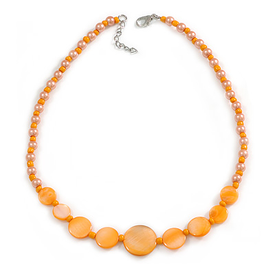 Pumpkin Orange Shell and Peach Faux Pearl Bead Necklace/Slight Variation In Colour/Natural Irregularities/42cm L/ 3cm Ext - main view