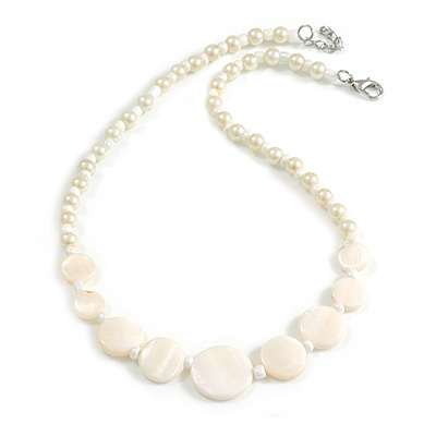 Off White Shell and White Faux Pearl Bead Necklace/Slight Variation In Colour/Natural Irregularities/42cm L/ 3cm Ext - main view