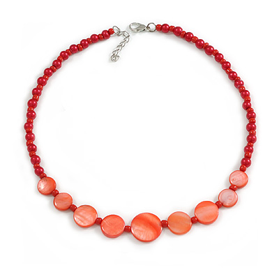 Rose Red Shell and Scarlet Red Faux Pearl Bead Necklace/Slight Variation In Colour/Natural Irregularities/42cm L/ 3cm Ext