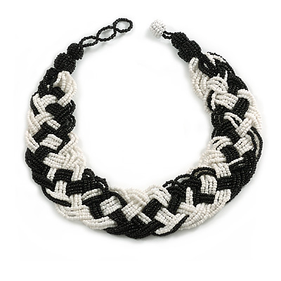 Wide Chunky White/Black Glass Bead Plaited Necklace - 50cm L/ 3cm Ext - main view