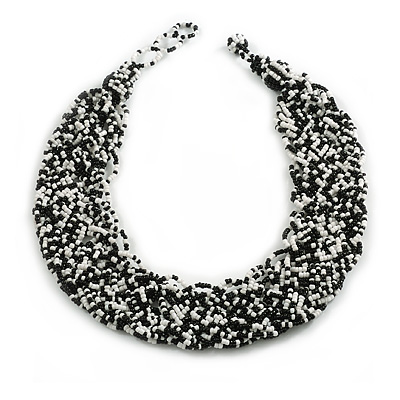 Wide Chunky Black/White Glass Bead Plaited Necklace - 50cm L/ 3cm Ext - main view