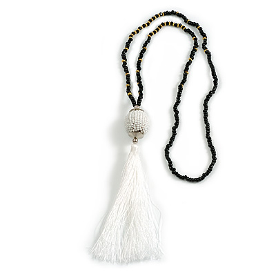 White/Black Glass Bead White Cotton Tassel Necklace- 72cm Long/ 14cm Tassel - main view