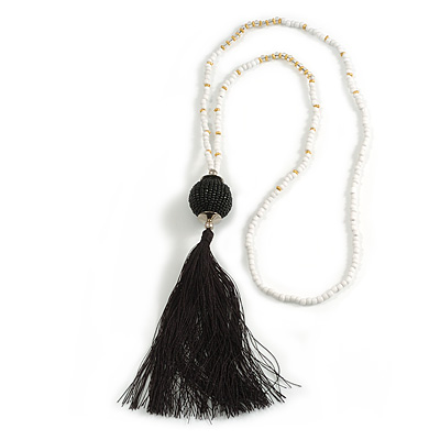 Black/White Glass Bead Black Cotton Tassel Necklace- 72cm Long/ 14cm Tassel