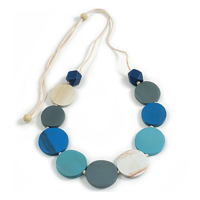 Graduated Blue/Turquoise/White/Grey Wood Button Bead Necklace with White Cotton Cord/ Adjustable/ 96cm L - main view