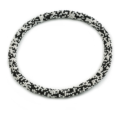 Statement Chunky Snow White/ Black Beaded Stretch Necklace - 50cm L - main view
