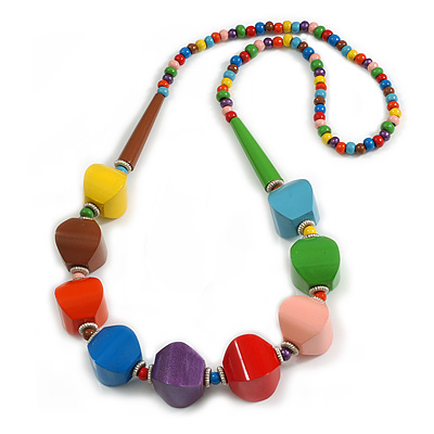 Long Chunky Multicoloured Wood Bead Necklace - 78cm L - main view