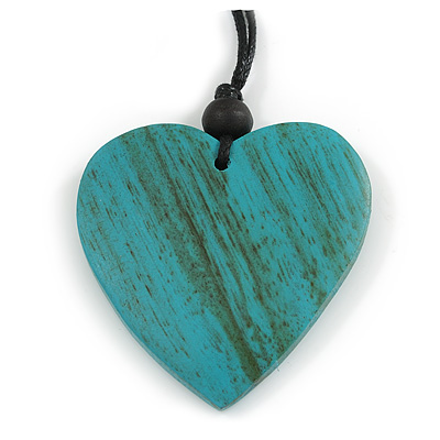 Turquoise Coloured Wood Grain Heart Pendant with Black Cotton Cord - 100cm Long Max/ Adjustable