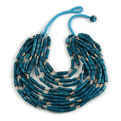 Statement Multistrand Wood Bead Light Blue Cotton Cord Bib Style Necklace In Malachite Green - 64cm Long - main view