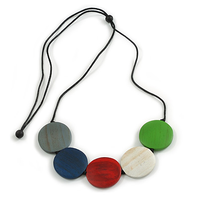 Multicoloured Coin Shape Wood Bead Black Cotton Cord Necklace/96cm L/ Adjustable - main view