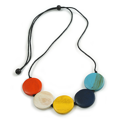 Multicoloured Coin Shape Wood Bead Black Cotton Cord Necklace/Adjustable/88cm Max L - main view