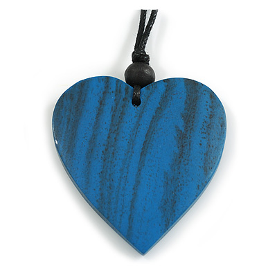 Blue Wood Grain Heart Pendant with Black Cotton Cord - 100cm Long Max/ Adjustable - main view