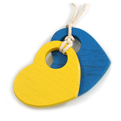 Yellow/Blue Wood Double Heart Pendant with White Leather Cord/ 80cm L/ Adjustable - main view