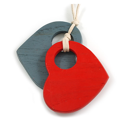 Grey/Red Wood Double Heart Pendant with White Leather Cord/ 80cm L/ Adjustable - main view