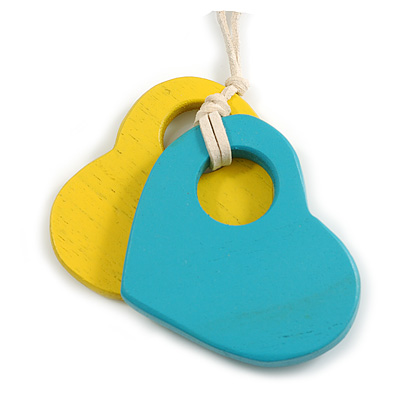 Yellow/Turquoise Wood Double Heart Pendant with White Leather Cord/ 80cm L/ Adjustable