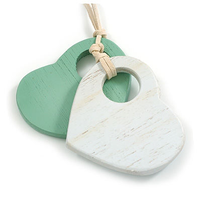 White/Mint Wood Double Heart Pendant with White Leather Cord/ 80cm L/ Adjustable - main view
