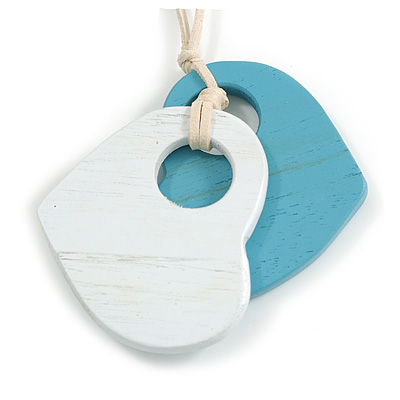 White/Pastel Blue Wood Double Heart Pendant with White Leather Cord/ 80cm L/ Adjustable