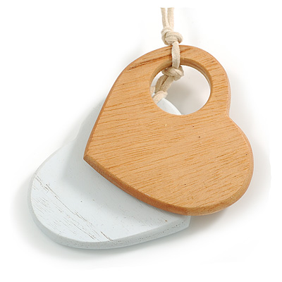 White/Natural Wood Double Heart Pendant with White Leather Cord/ 80cm L/ Adjustable - main view