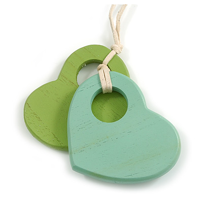 Mint/Lime Wood Double Heart Pendant with White Leather Cord/ 80cm L/ Adjustable - main view