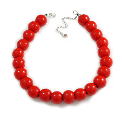 20mm D/Chunky Red Polished Wood Bead Necklace in Silver Tone - 44cm L/10cm Ext - main view