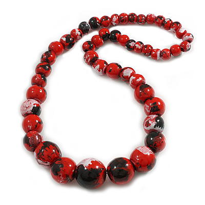 Chunky Graduated Wood Glossy Beaded Necklace in Shades of Red/Black/White - 66cm Long - main view