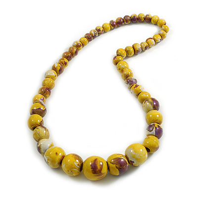 Chunky Graduated Wood Glossy Beaded Necklace in Shades of Yellow/Purple/White - 66cm Long - main view