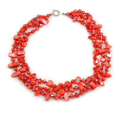 3 Row Red Shell And Glass Bead Necklace - 54cm L - main view