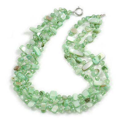 3 Row Mint Green Shell And Glass Bead Necklace - 50cm L