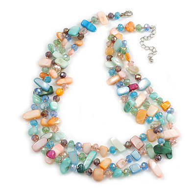 3 Row Layered Pastel Multicoloured Shell And Glass Bead Necklace - 60cm L/ 7cm Ext - main view