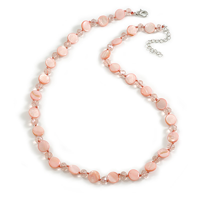 Pastel Pink Coin Shell and Crystal Glass Bead Necklace with Silver Tone Closure - 60cm L/ 6cm Ext - main view