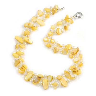 Two Row Layered Yellow Shell Nugget and Transparent Glass Crystal Bead Necklace - 48cm L - main view