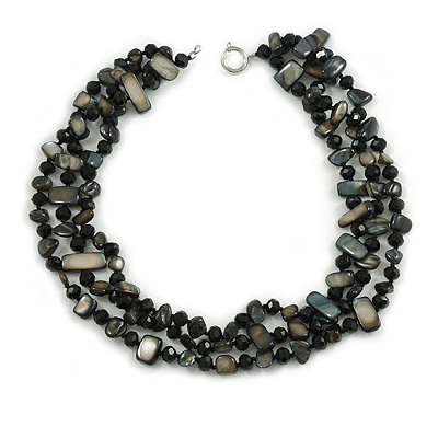 3 Row Black Shell And Glass Bead Necklace - 48cm L - main view