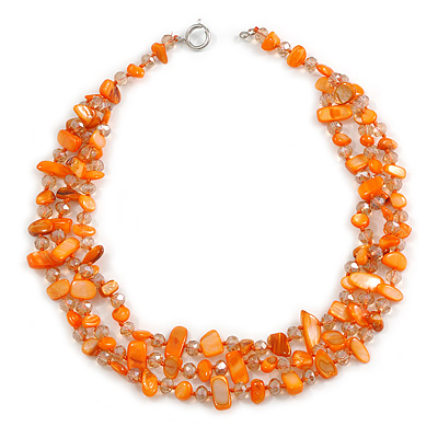 3 Row Orange Shell And Glass Bead Necklace - 56cm L - main view