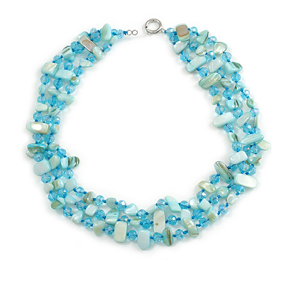 3 Row Light Blue Shell And Glass Bead Necklace - 48cm L - main view