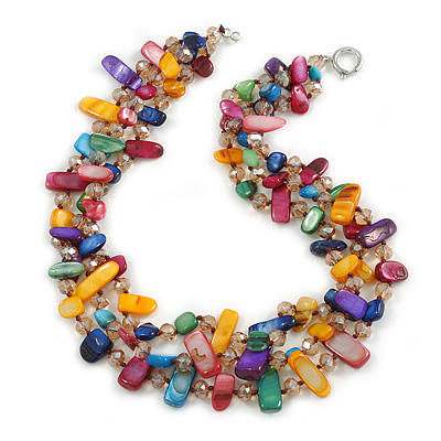 3 Row Multicoloured Shell And Glass Bead Necklace - 48cm L - main view