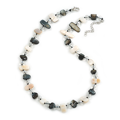 Black/White Sea Shell Nuggets and Transparent Glass Bead Necklace - 50cm L/ 5cm Ext - main view