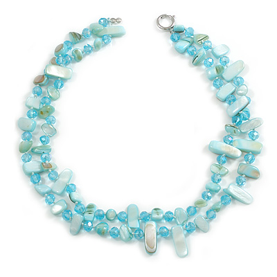 Two Row Layered Mint Blue Shell Nugget and Light Blue Glass Crystal Bead Necklace - 48cm Long