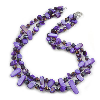 Two Row Layered Purple Shell Nugget and Glass Crystal Bead Necklace - 50cm L - main view