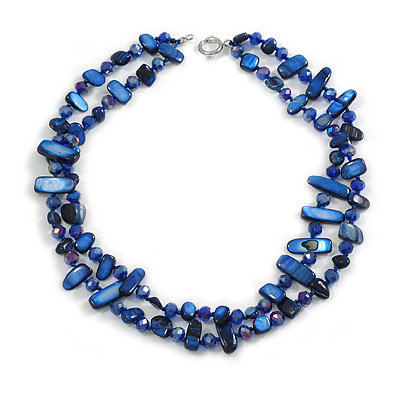 Two Row Layered Blue Shell Nugget and Glass Crystal Bead Necklace - 50cm Long