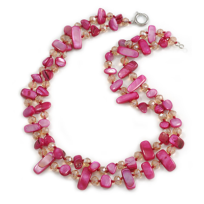 Two Row Layered Fuchsia Shell Nugget and Beige Glass Crystal Bead Necklace - 50cm Long - main view