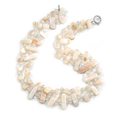 Two Row Layered Off White Shell Nugget and Transparent Glass Crystal Bead Necklace - 48cm L - main view