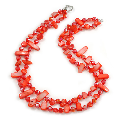 Two Row Layered Red Shell Nugget and Glass Crystal Bead Necklace - 50cm L - main view