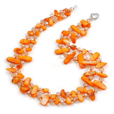 Two Row Layered Orange Shell Nugget and Transparent Orange Glass Crystal Bead Necklace - 50cm Long - main view