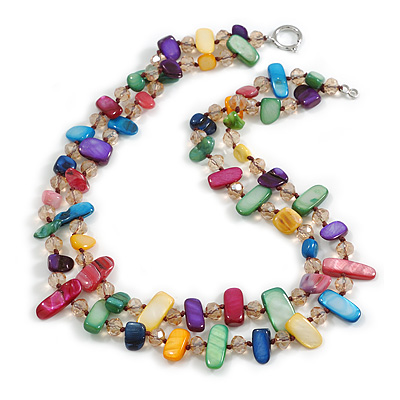 Two Row Layered Multicoloured Shell Nugget and Citrine Glass Crystal Bead Necklace - 48cm Long