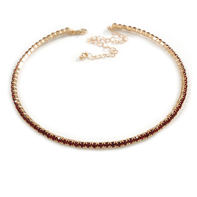 Slim Burgundy Red Crystal Choker Style Necklace In Gold Tone Metal - 35cm L/ 10cm Ext - main view