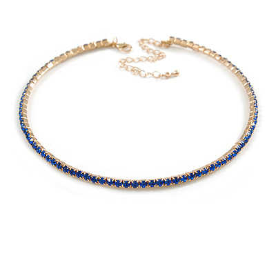 Slim Blue Crystal Choker Style Necklace In Gold Tone Metal - 35cm L/ 10cm Ext - main view
