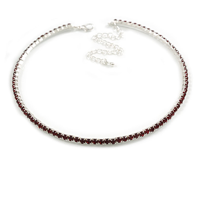 Slim Burgundy Red Crystal Choker Style Necklace In Silver Tone Metal - 35cm L/ 10cm Ext - main view