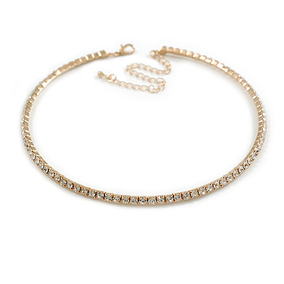 Slim Clear Crystal Choker Style Necklace In Gold Tone Metal - 35cm L/ 10cm Ext