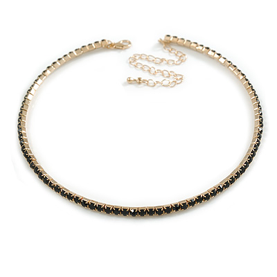 Slim Black Crystal Choker Style Necklace In Gold Tone Metal - 35cm L/ 10cm Ext - main view