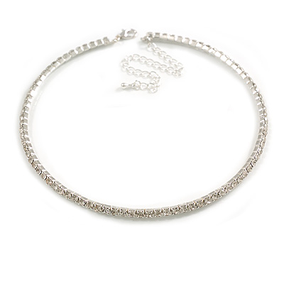Slim Clear Crystal Choker Style Necklace In Silver Tone Metal - 35cm L/ 10cm Ext - main view