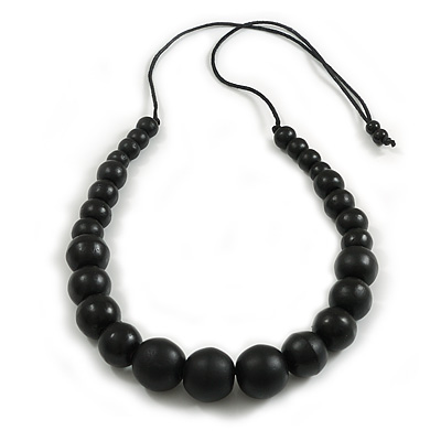 Chunky Black Graduated Wood Bead Black Cord Necklace - 84cm Max/ Adjustable - main view